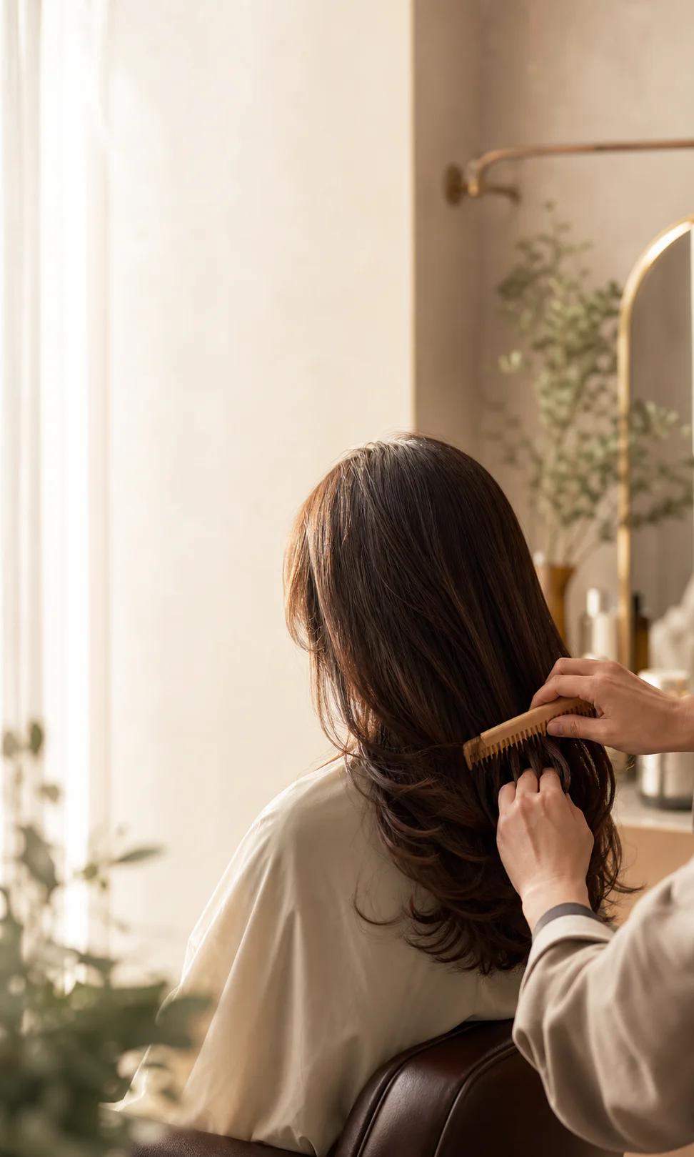 顔が映らない女性のお客様の後ろ姿とヘアケア風景