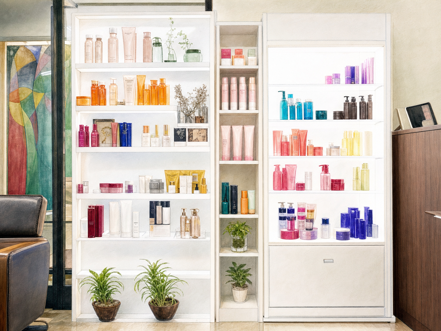 サロンで扱うヘアケア商品の棚